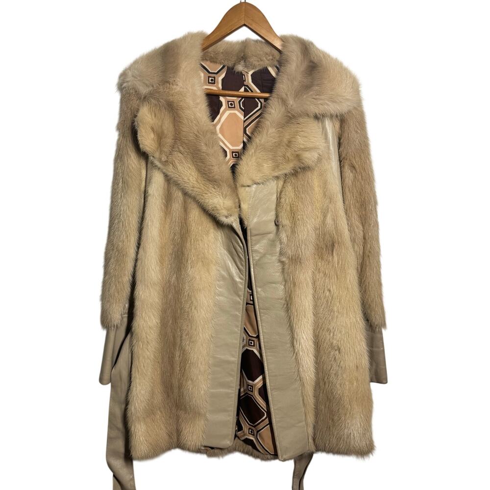 Womens Leather Real Fur Vintage 1980s Trench Coat Tan Glam Formal Penny Lane